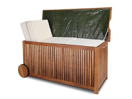 Zahradní úložný box s kolečky a vnitřní plachtou, akátové dřevo 117x52x58,5cm