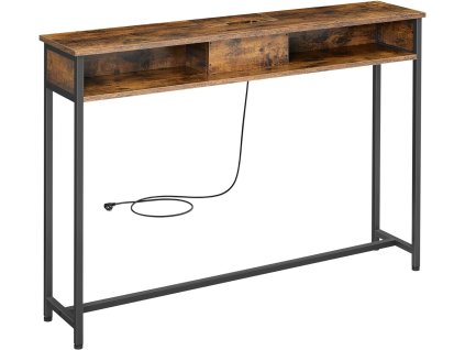 Úzký konzolový stolek se zásuvkami a USB porty, rustikální hnědá, 25 x 120 x 81 cm